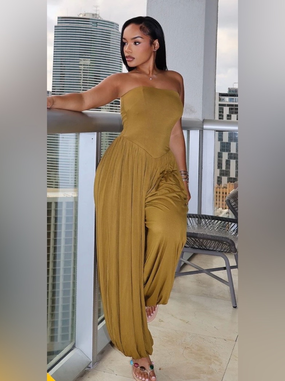 Strapless drop-waist Jumpsuit in Olive Mustard